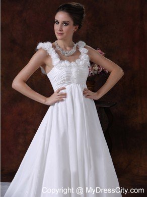 Hand-made Flower Decorate Straps Ruched Bridal Dress