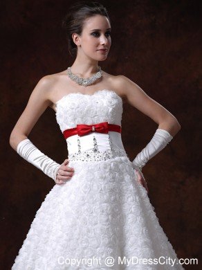 Rolling Flower Fabric Red Bowknot Sash Bridal Dress