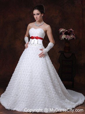 Rolling Flower Fabric Red Bowknot Sash Bridal Dress