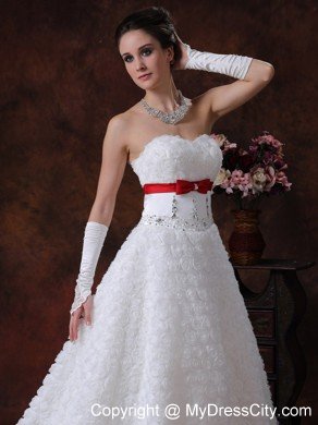 Rolling Flower Fabric Red Bowknot Sash Bridal Dress