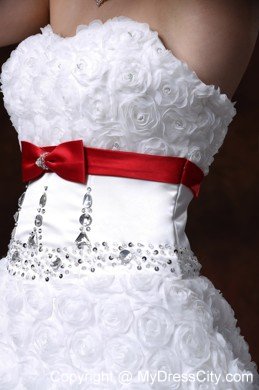 Rolling Flower Fabric Red Bowknot Sash Bridal Dress