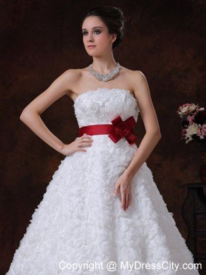 Rolling Flowers Brush Train Red Flower Sash Bridal Dress