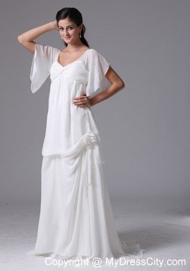 Column Short Sleeves Deep V-back Bridal Dress with Pick-ups