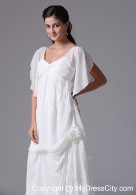 Column Short Sleeves Deep V-back Bridal Dress with Pick-ups