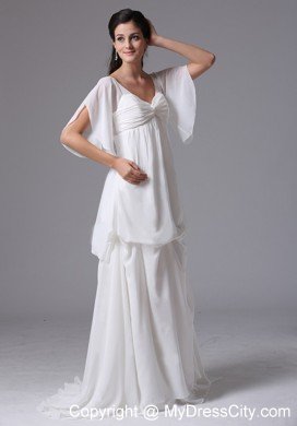 Column Short Sleeves Deep V-back Bridal Dress with Pick-ups