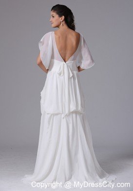 Column Short Sleeves Deep V-back Bridal Dress with Pick-ups