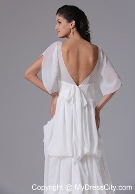 Column Short Sleeves Deep V-back Bridal Dress with Pick-ups