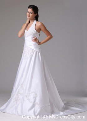 Halter A-line Embroidery Brush Train Ruched Bridal Dress