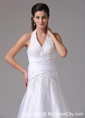 Halter A-line Embroidery Brush Train Ruched Bridal Dress