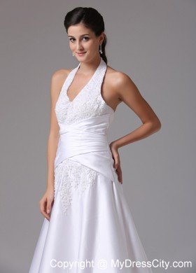 Halter A-line Embroidery Brush Train Ruched Bridal Dress