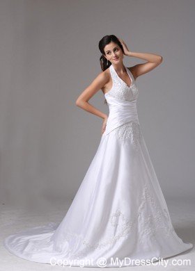 Halter A-line Embroidery Brush Train Ruched Bridal Dress