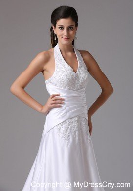 Halter A-line Embroidery Brush Train Ruched Bridal Dress