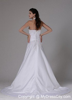 Halter A-line Embroidery Brush Train Ruched Bridal Dress