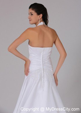 Halter A-line Embroidery Brush Train Ruched Bridal Dress