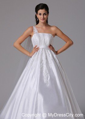 A-line Appliques One Shoulder Watteau Train Sash Bridal Dress