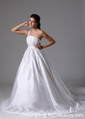 A-line Appliques One Shoulder Watteau Train Sash Bridal Dress