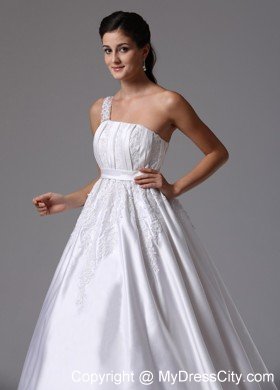 A-line Appliques One Shoulder Watteau Train Sash Bridal Dress