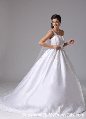 A-line Appliques One Shoulder Watteau Train Sash Bridal Dress