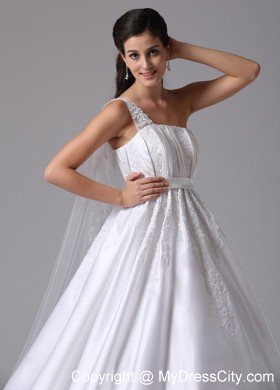 A-line Appliques One Shoulder Watteau Train Sash Bridal Dress