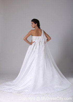 A-line Appliques One Shoulder Watteau Train Sash Bridal Dress