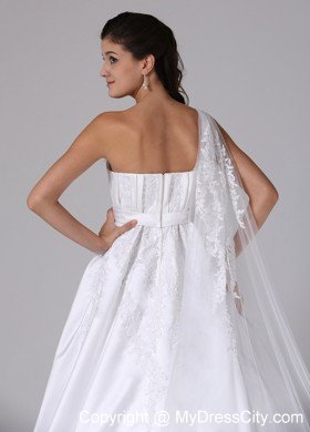 A-line Appliques One Shoulder Watteau Train Sash Bridal Dress