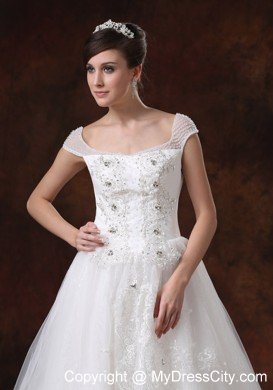 Off-the-shoulder Chapel Train Beading and Appliques Bridal Dress