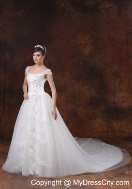 Off-the-shoulder Chapel Train Beading and Appliques Bridal Dress