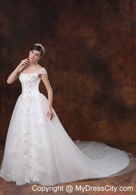 Off-the-shoulder Chapel Train Beading and Appliques Bridal Dress