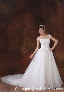 Off-the-shoulder Chapel Train Beading and Appliques Bridal Dress