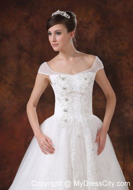 Off-the-shoulder Chapel Train Beading and Appliques Bridal Dress