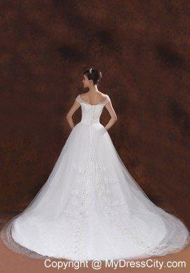 Off-the-shoulder Chapel Train Beading and Appliques Bridal Dress