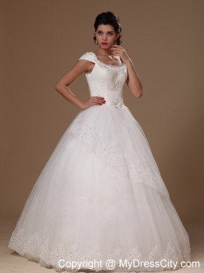 Scoop Floor-length Short Sleeves Beading Wedding Gown