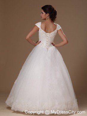 Scoop Floor-length Short Sleeves Beading Wedding Gown