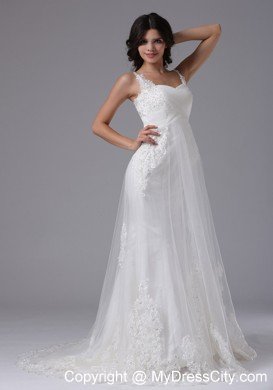 Straps Sweetheart Lace Brush Train Ruched Wedding Gown