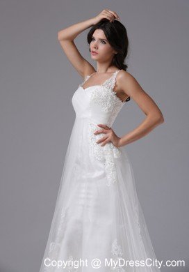 Straps Sweetheart Lace Brush Train Ruched Wedding Gown