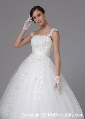 Straps Ball Gown Lace Sash Wedding Gown with Brush Train