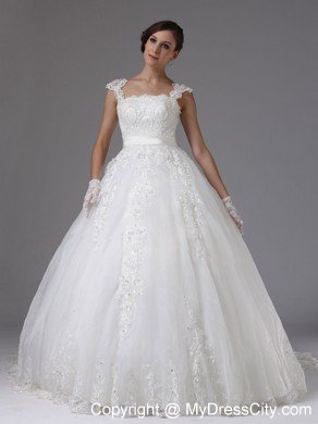 Straps Ball Gown Lace Sash Wedding Gown with Brush Train