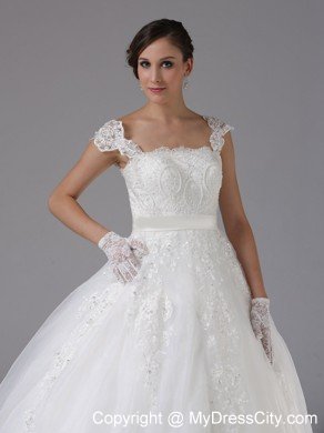 Straps Ball Gown Lace Sash Wedding Gown with Brush Train