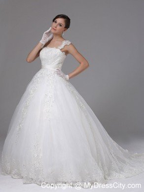 Straps Ball Gown Lace Sash Wedding Gown with Brush Train