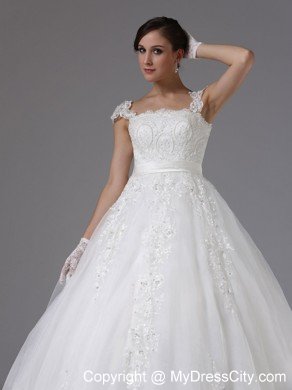 Straps Ball Gown Lace Sash Wedding Gown with Brush Train