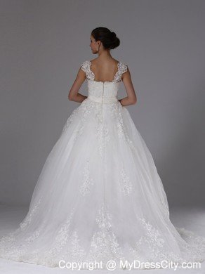 Straps Ball Gown Lace Sash Wedding Gown with Brush Train