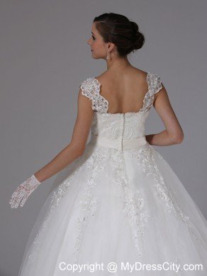 Straps Ball Gown Lace Sash Wedding Gown with Brush Train