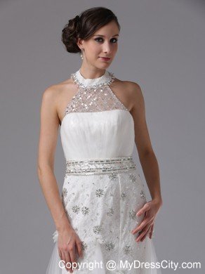 High-neck Beaded and Ruched Lace Brush Train Wedding Gown