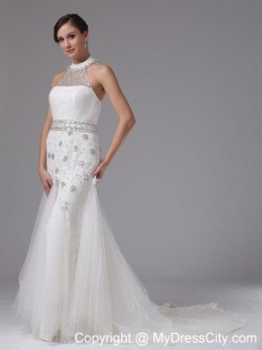 High-neck Beaded and Ruched Lace Brush Train Wedding Gown