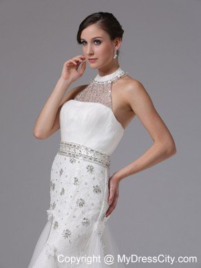 High-neck Beaded and Ruched Lace Brush Train Wedding Gown