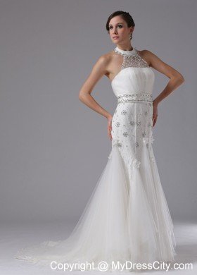 High-neck Beaded and Ruched Lace Brush Train Wedding Gown