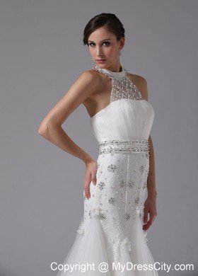 High-neck Beaded and Ruched Lace Brush Train Wedding Gown