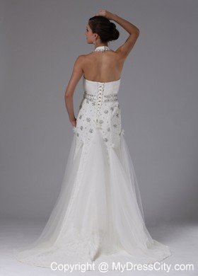 High-neck Beaded and Ruched Lace Brush Train Wedding Gown