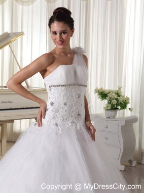 Flower Decorate One Shoulder Appliqued and Beaded Wedding Dress