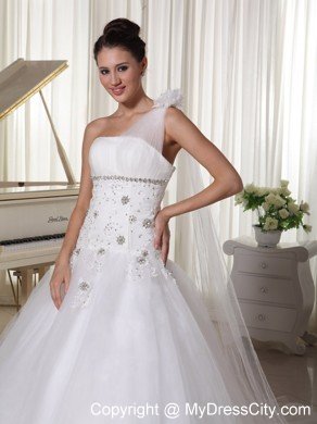 Flower Decorate One Shoulder Appliqued and Beaded Wedding Dress